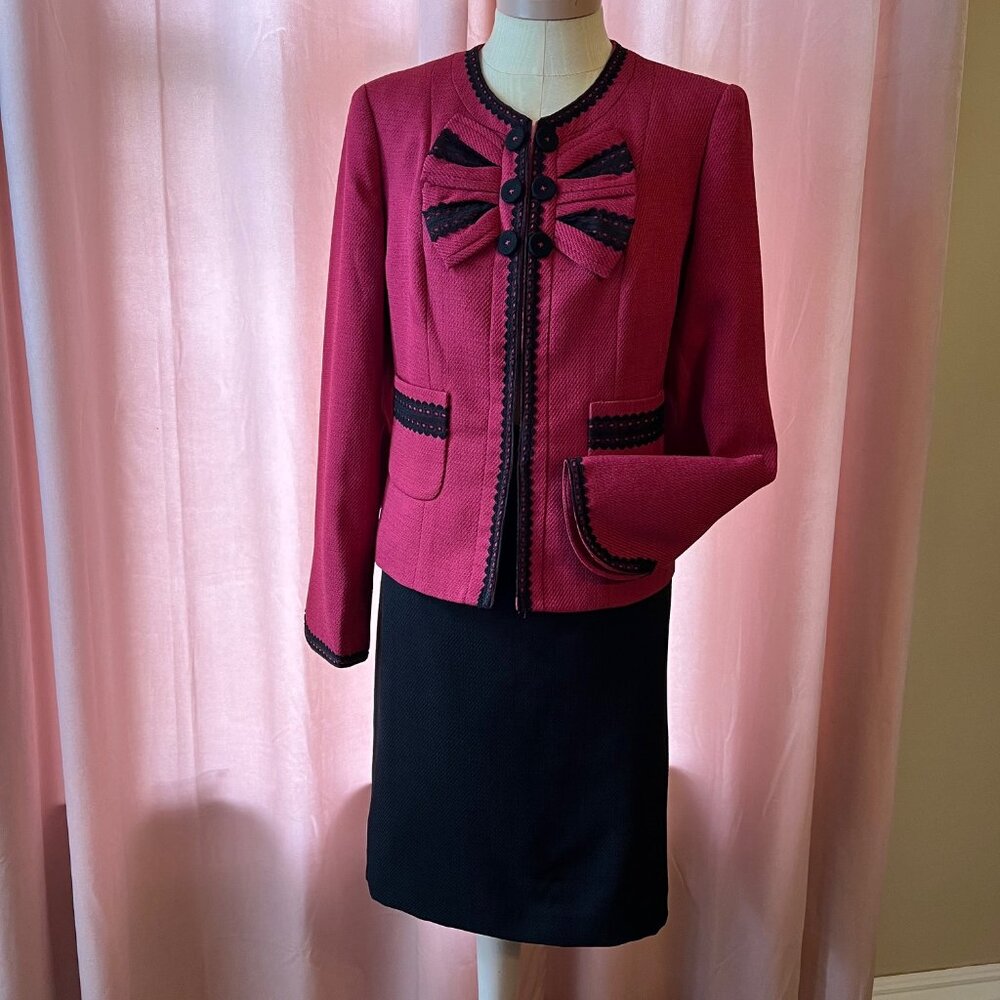 Nine West skirt & Jacket suit~PINK black~BOW~Lace trim ~ sz 10
